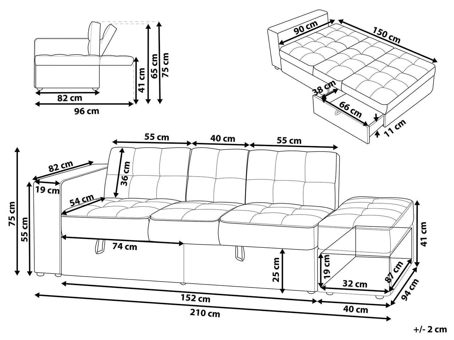 Sectional Sofa Bed with Ottoman Dark Grey FALSTER