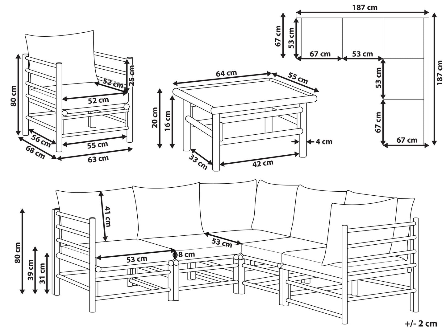 garden lounge set with table 6 seater cerreto bamboo wood off-white