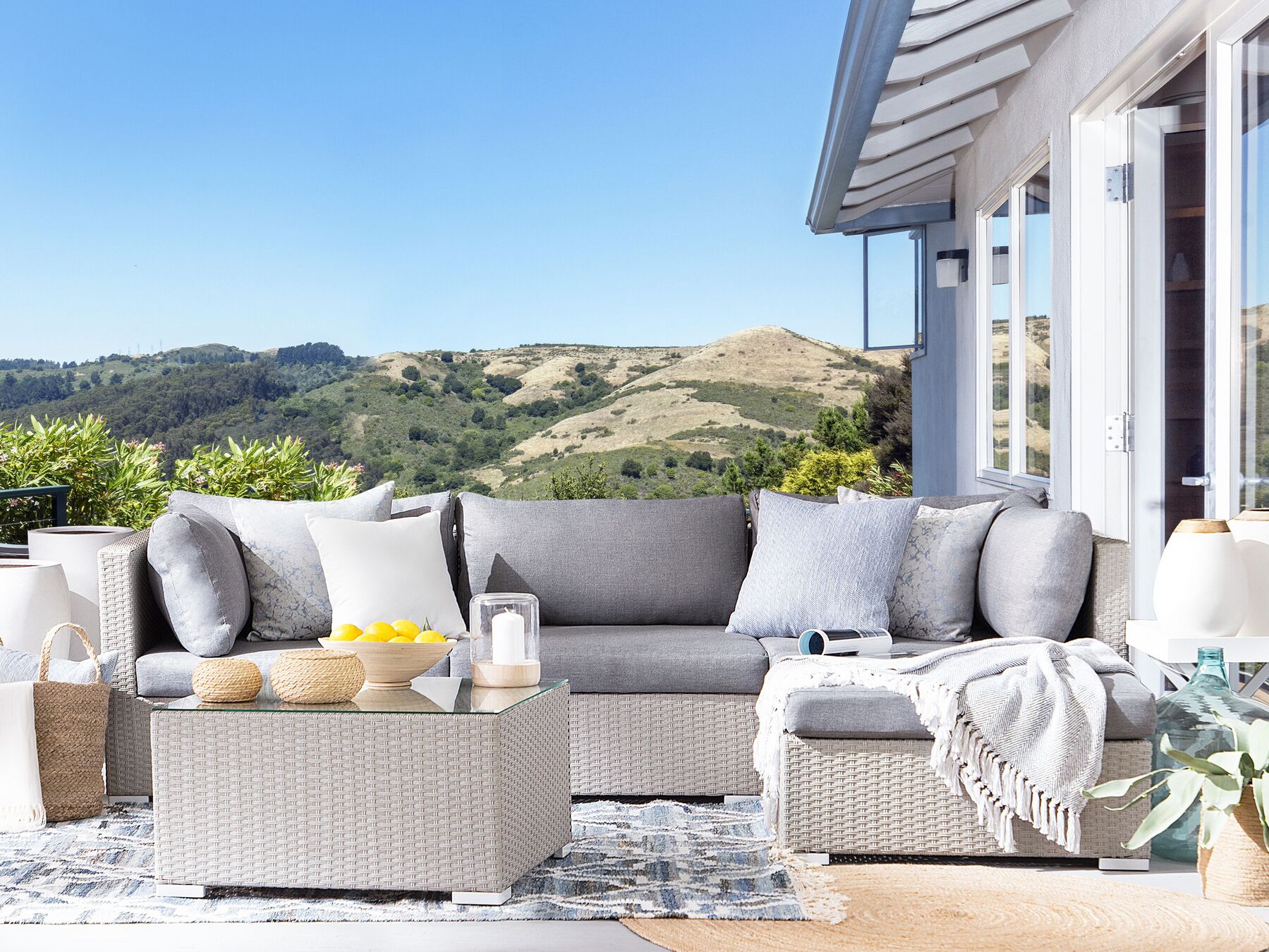 lounge set sano pe rattan light grey left hand 4 seater